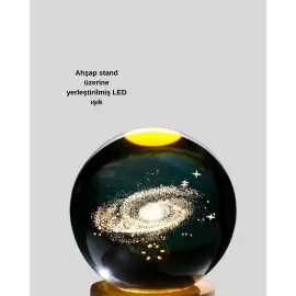 Gün Işığı Led’Li 3D Kristal Galaksi Küre Ahşap Tabanlı Dekoratif Lamba