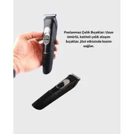 Kablosuz, Paslanmaz Çelik Bıçaklı Profesyonel Saç ve Sakal Tıraş Makinesi – Sessiz, Güçlü ve Ergonomik