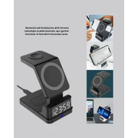 Dijital Saatli Kablosuz Şarj İstasyonu – 3’ü 1 Arada Apple Uyumlu Hızlı Şarj ve LED Ekran