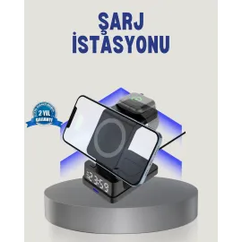 Kablosuz Şarj Cihazı Ve Dijital Saat – 4’Ü 1 Arada Hızlı Şarj, Apple Uyumlu, Led Işıklı Tasarım