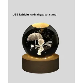 8 Cm Küçük Prens 3D Kristal Küre Usb Işıklı Ahşap Altlıklı Dekoratif Lamba