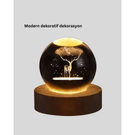 3D Geyik Desenli Kristal Küre Usb Işıklı Ahşap Tabanlı Oda Lambası