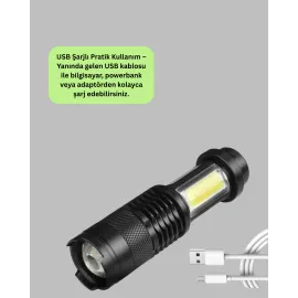 Şarjlı Mini Led El Feneri 2000 Lümen Su Geçirmez