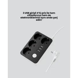 4.1A Hızlı Şarjlı Akım Korumalı 4 Priz ve 3 USB Çıkışlı Priz