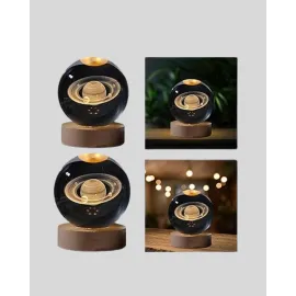 Satürn Gezegenli Kristal Küre Led Lamba Usb’Li Ahşap Standlı