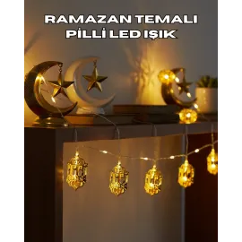 Ramazan Dekoru İçin Pilli Led Işık Altın Fener Tasarımlı