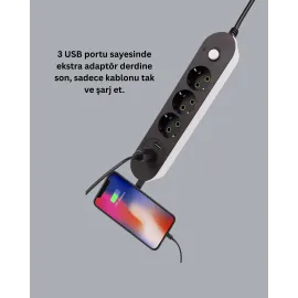 3 USB Çıkışlı Hızlı Şarjlı Anahtarlı Üçlü Priz