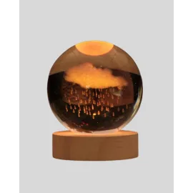 3D Yağmur Bulutu Desenli Kristal Top USB Gece Lambası Ahşap Tabanlı Dekoratif Lamba