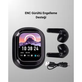 Akıllı Ekranlı Bluetooth 5.4 Kablosuz Kulaklık – Dokunmatik ve Şarj Kutulu