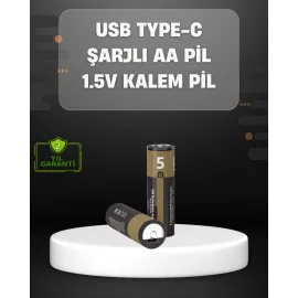 USB Type-C Girişli Şarjlı AA Lityum Pil | 1.5V Sabit Çıkış | 3200mWh (2'li Paket)