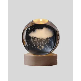 3D Yağmur Bulutu Desenli Kristal Top Usb Gece Lambası Ahşap Tabanlı Dekoratif Lamba