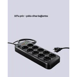 10’lu Çoklu Priz Termal Korumalı USB Type-C Çıkışlı 2500W Uzatma Kablosu
