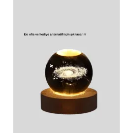 3D Lazer İşlemeli Galaksi Küre Usb Led Ahşap Standlı Oda Gece Lambası