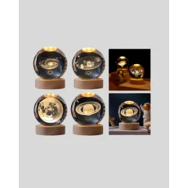 3D Satürn Gravürlü Kristal Küre Dekoratif LED Işıklı Gece Lambası