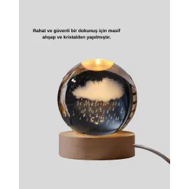 Led Sıcak Işıklı 3D Bulut Figürlü Kristal Küre Ahşap Standlı Gece Lambası