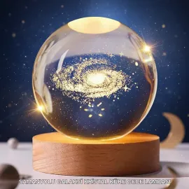 3D Lazer İşlemeli Galaksi Küre Usb Led Ahşap Standlı Oda Gece Lambası