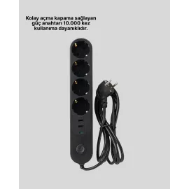Akıllı Akım Dengelemeli 4’Lü Çoklu Priz Type-C Ve Usb Çıkışlı
