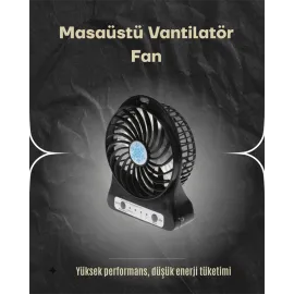 Şarjlı USB Fan – Masaüstü Mini Vantilatör, Taşınabilir, Işıklı, 3 Kademeli, Sessiz