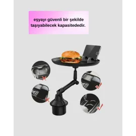 Araç Bardaklık Tepsisi 360° Dönebilen Kol Ayarlı Geniş Yemek Alanlı