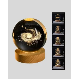 3D Samanyolu Galaksi Kristal Küre Usb Led Işıklı Ahşap Standlı Gece Lambası