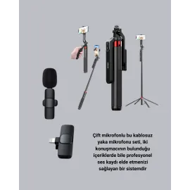 Kablosuz Çift Yaka Mikrofonu Ve Tripodlu Selfie Çubuğu İçerik Üretici Seti