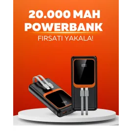 20.000 mAh Powerbank – 22.5W Hızlı Şarj, Çok Kablolu, Dijital Göstergeli