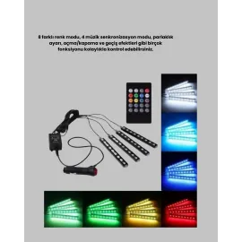 Rgb Araç İçi Led Aydınlatma 12V 48 Led Müzik Kontrollü 4 Şerit Set