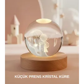 Küçük Prens Figürlü 3D Kristal Top Sıcak Işıklı Usb Ahşap Tabanlı Dekor Lamba