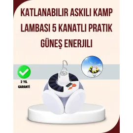 Güneş Enerjili USB Şarj Edilebilir 5 Modlu Katlanabilir LED Kamp Işığı