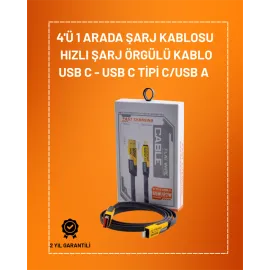 4'ü 1 Arada Usb Hızlı Şarj Ve Veri Kablosu – 65W Güç, Çoklu Bağlantı, 1.2M