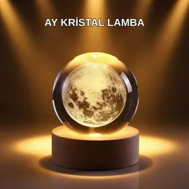 Usb Işıklı Ay Kristal Küre 3D Oyma Tasarım Ahşap Standlı Gece Lambası