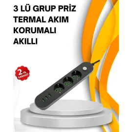 Hızlı Şarj Özellikli 3 Usb Girişli Üçlü Priz