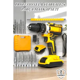 24 Parça Çift Bataryalı Şarjlı Matkap Seti 24W Motor ve Otomatik Mil Kilitli Tasarım