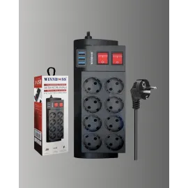 Akım Korumalı 8’li Priz 3 USB’li Uzatma Kablosu Isıya Dayanıklı 2 Metre