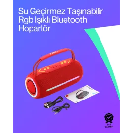 360 RGB LED'li Taşınabilir Bluetooth Hoparlör – Kırmızı, USB/TF Destekli