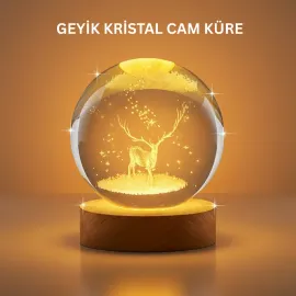 3D Geyik Desenli Kristal Küre Usb Işıklı Ahşap Tabanlı Oda Lambası