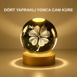 Dekoratif Yonca Görünümlü Işıklı Kristal Cam Küre USB Masa Gece Lambası