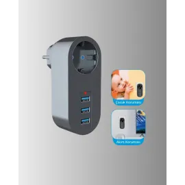 Isıya Dayanıklı 3 USB Portlu Güvenlikli Priz – Akıllı Enerji Yönetimi