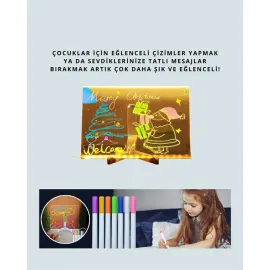 Led Işıklı Şeffaf Yazı Tahtası – Neon Etkili Akrilik Pano, Silinebilir, 7 Renkli Kalemli, 30X20 Cm