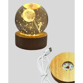 3D Astronot Kristal Küre Gece Lambası Usb Ahşap Standlı Dekoratif Işık