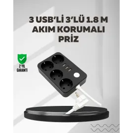 4.1A Hızlı Şarjlı Akım Korumalı 4 Priz Ve 3 Usb Çıkışlı Priz