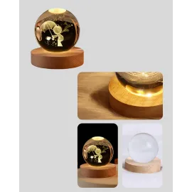 USB LED 3D Küçük Prens Kristal Küre Ahşap Standlı Gece Lambası