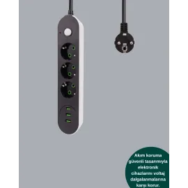 2 Metre Kablolu 3 Usb Portlu Anahtarlı Üçlü Priz