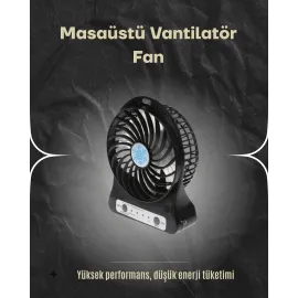 Şarjlı USB Fan – Masaüstü Mini Vantilatör, Taşınabilir, Işıklı, 3 Kademeli, Sessiz