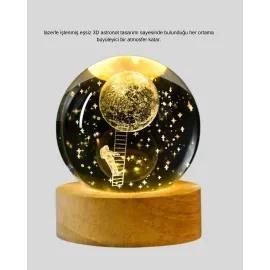 3D Astronot Kristal Küre Gece Lambası Usb Ahşap Standlı Dekoratif Işık