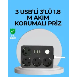 3 Usb Çıkışlı 4’Lü Akıllı Priz 2500W 2 Metre Kablo