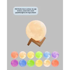 16 Renkli 3D Ay Gece Lambası RGB Modlu Şarjlı Uzaktan Kumandalı