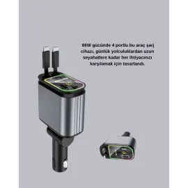 Araç Şarj Cihazı 66W 4 Portlu Hızlı Şarj ve LED Işıklı
