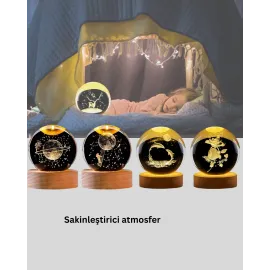 3D Geyik Desenli Kristal Küre Usb Işıklı Ahşap Tabanlı Oda Lambası