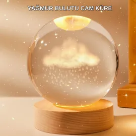 8 Cm 3D Yağmur Bulutu Kristal Küre Led Gece Lambası Ahşap Standlı Tasarım Lamba